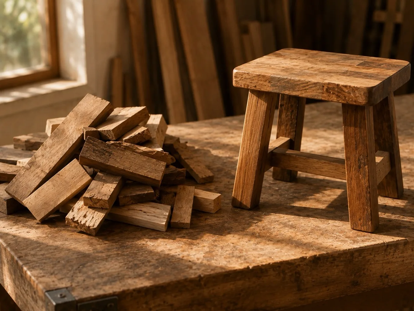 Off-cuts and a workshop stool on the bench